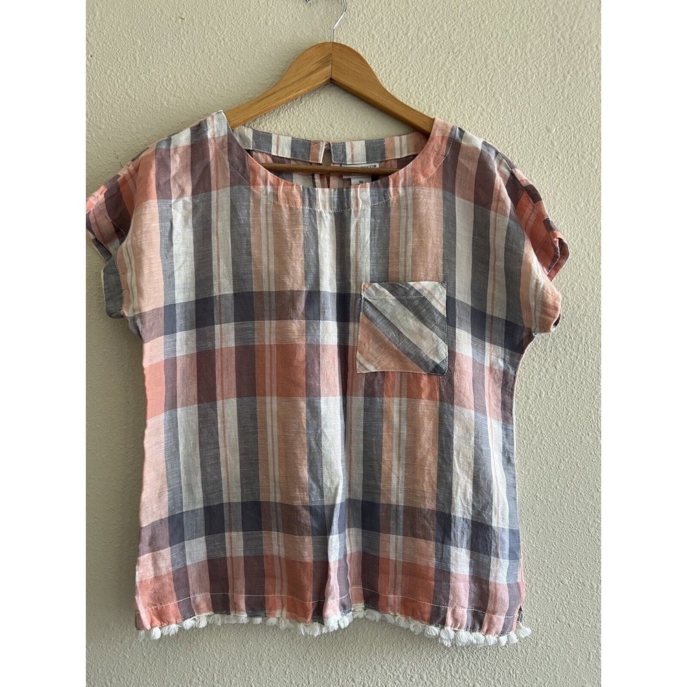 Liz Claiborne Plaid Tassel Trim Linen Cotton Top XS Boho Festival Casual